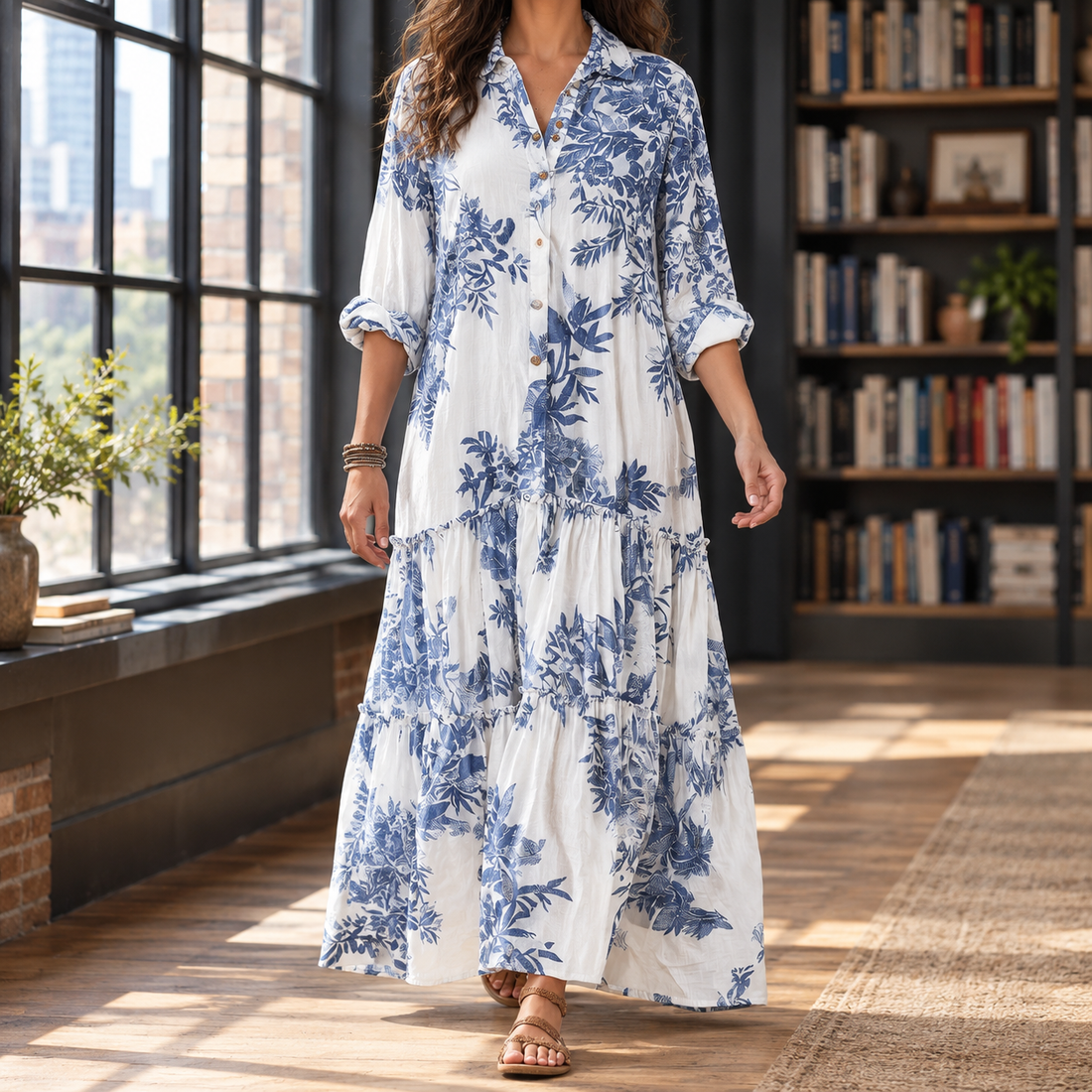 Imogen Tiered Maxi Dress - White And Blue Floral