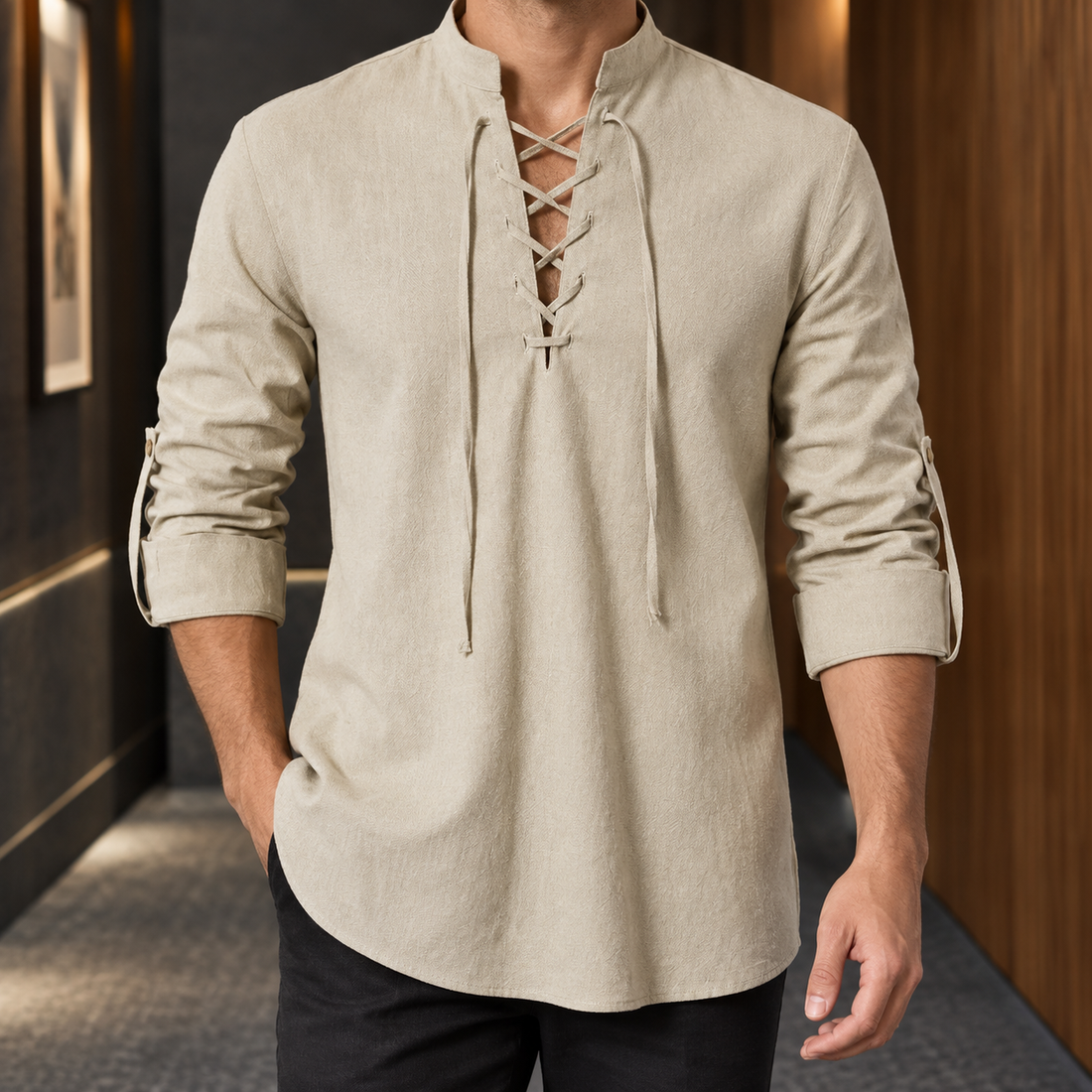 Aaron Lace-Up Shirt - Khaki