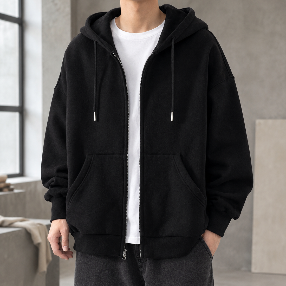 Timothy Relaxed Zip Hoodie - Black