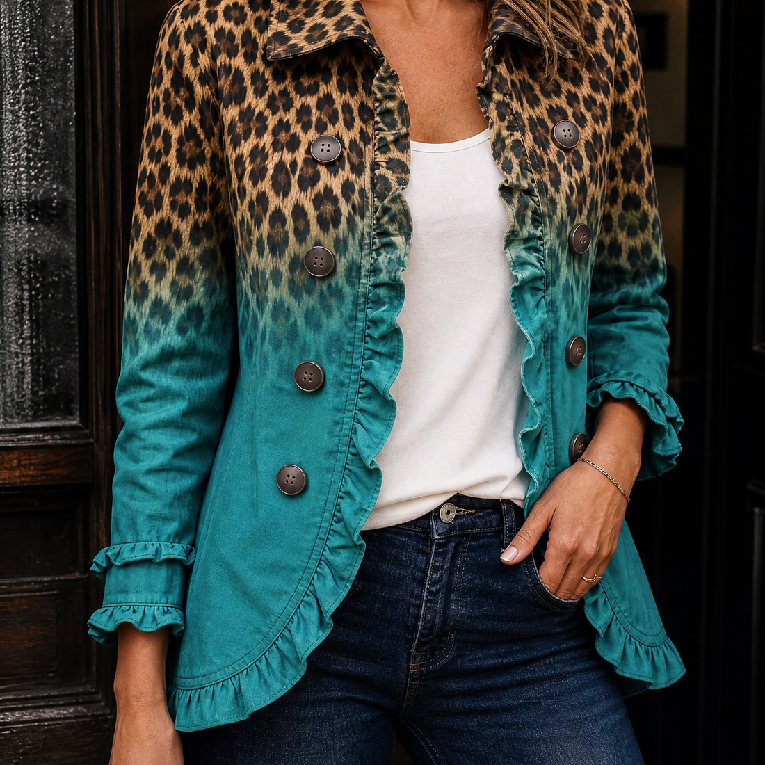 Philippa Ruffle Jacket - Teal Leopard