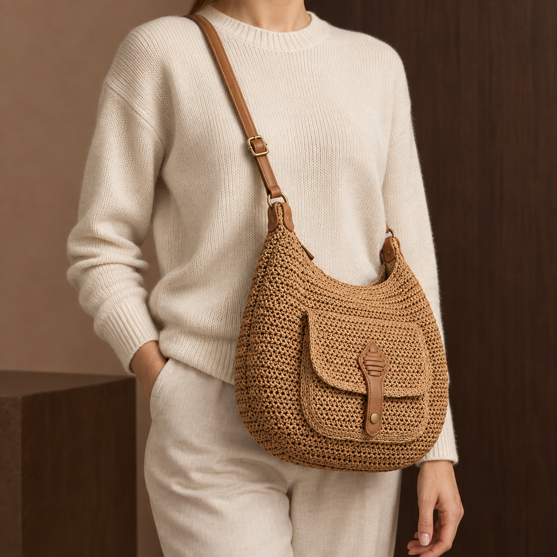 Maranello Woven Shoulder Bag - Beige