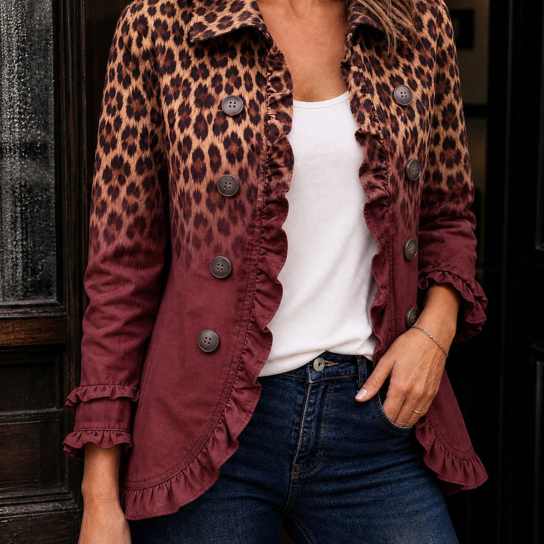 Philippa Ruffle Jacket - Red Leopard Print