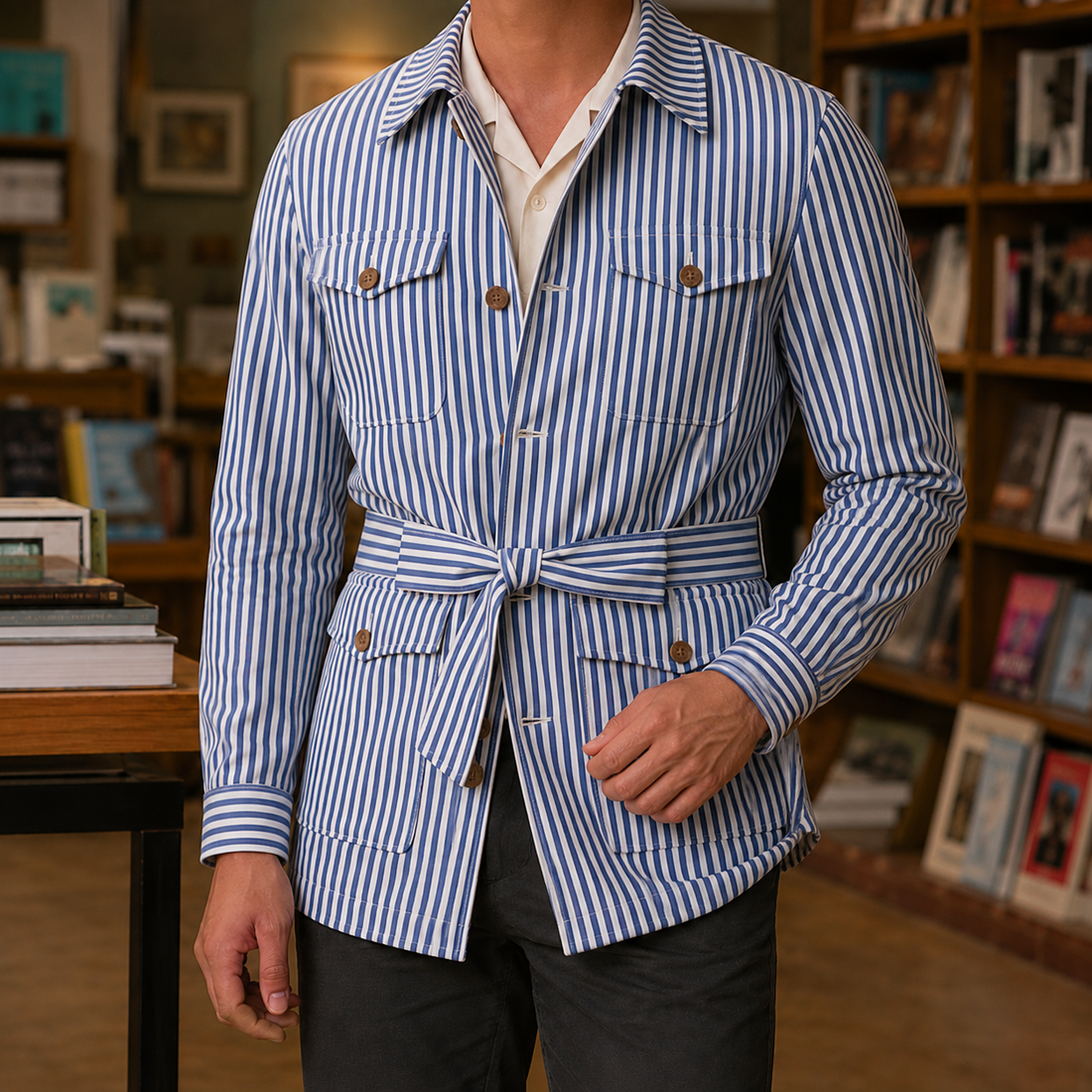 Magnus Striped Safari Jacket - Blue