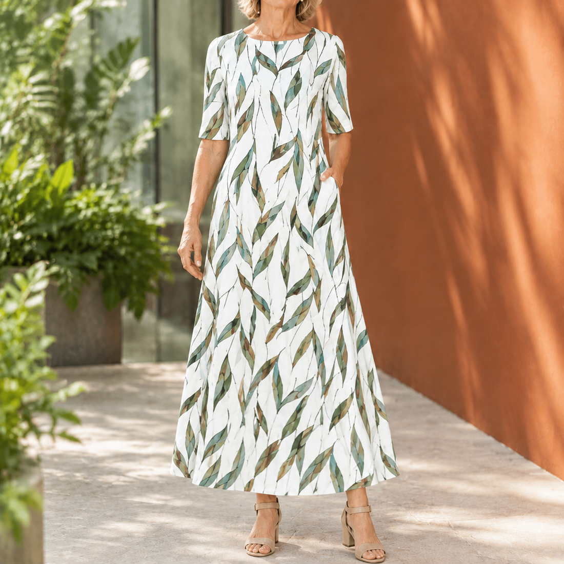 Yara Flared Midi Dress - White Green 2