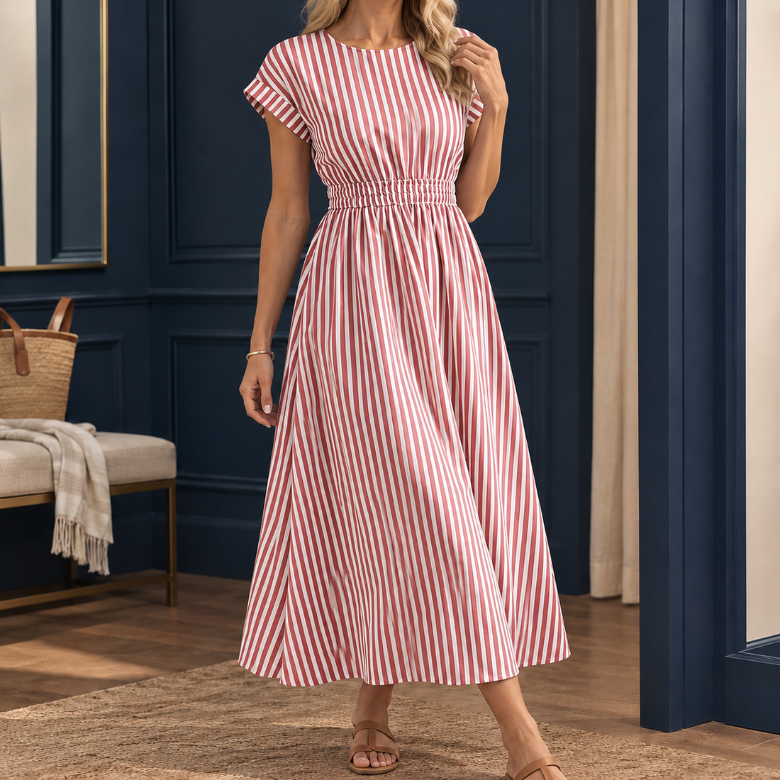 Margot Striped Midi Dress - Red