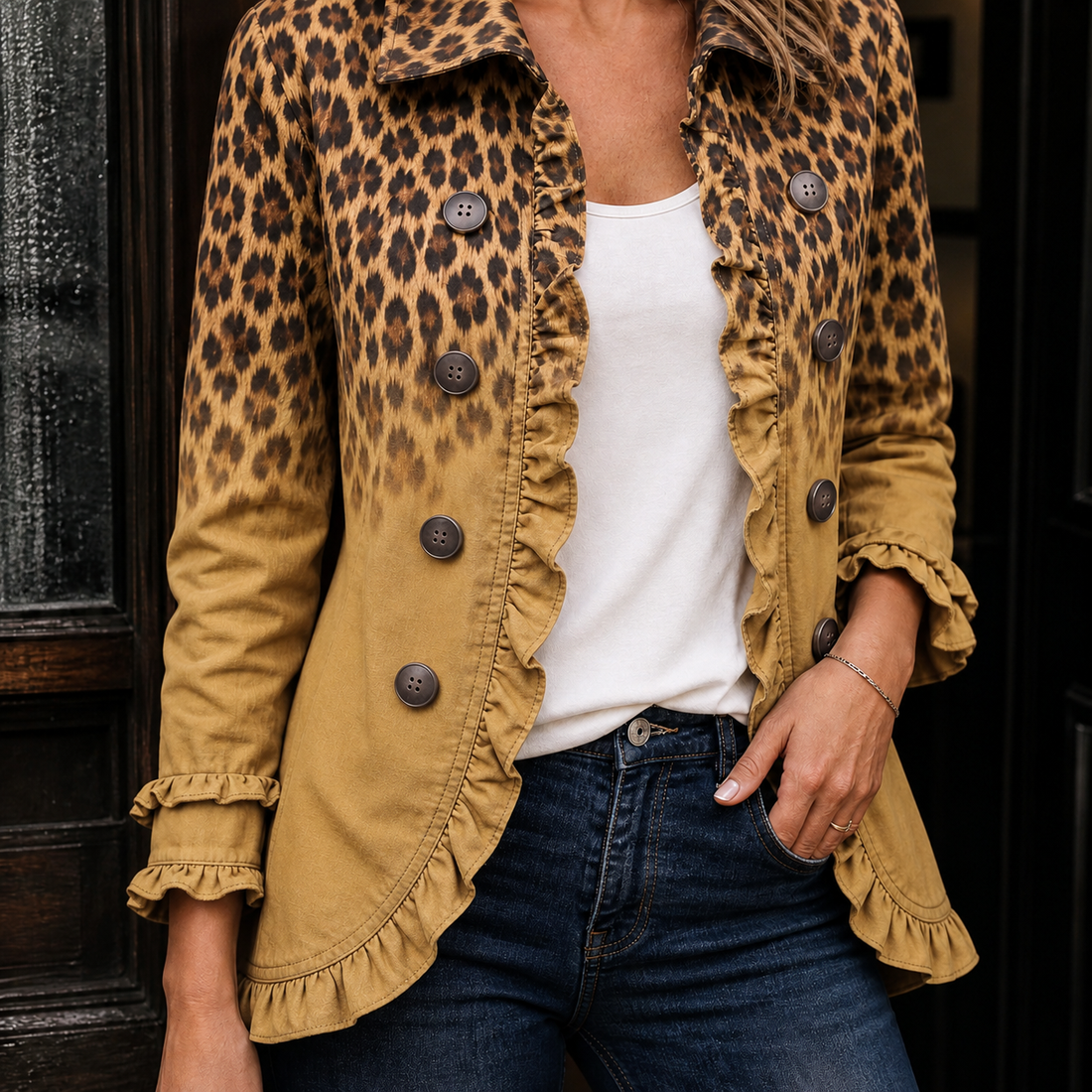 Philippa Ruffle Jacket - Mustard Leopard