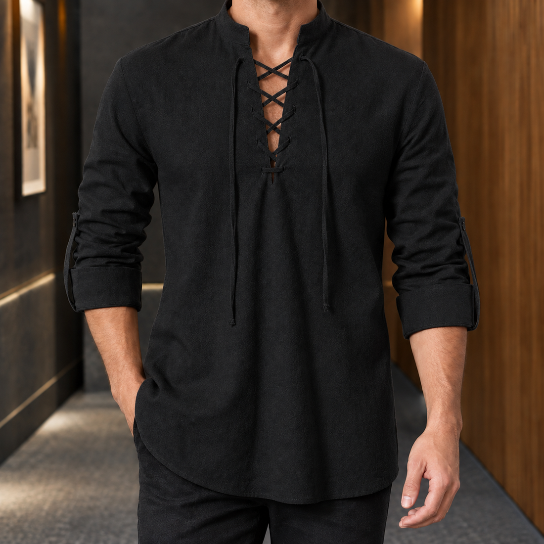 Aaron Lace-Up Shirt - Black