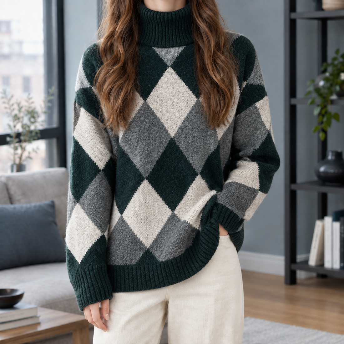 Violetta Argyle Turtleneck Sweater - Dark Green