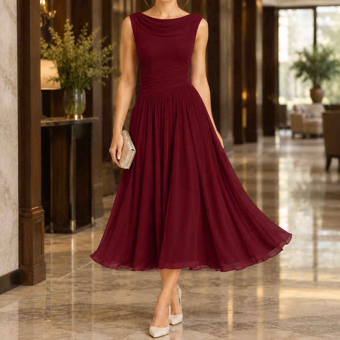 Eden Draped Midi Dress - Red