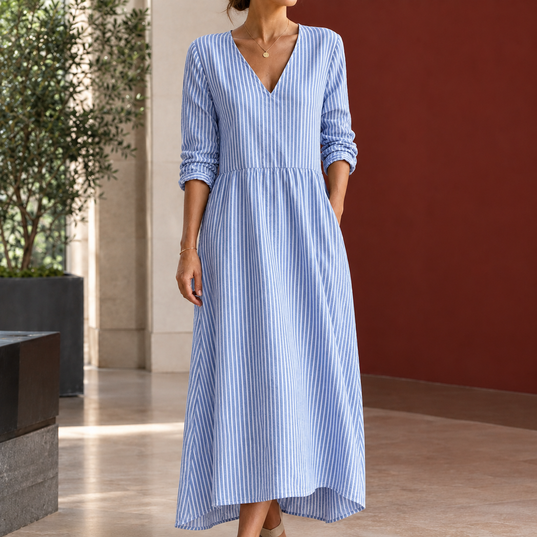 Lillian Relaxed Maxi Dress - Blue Pinstripe