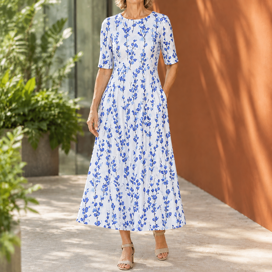 Yara Flared Midi Dress - White Blue 2