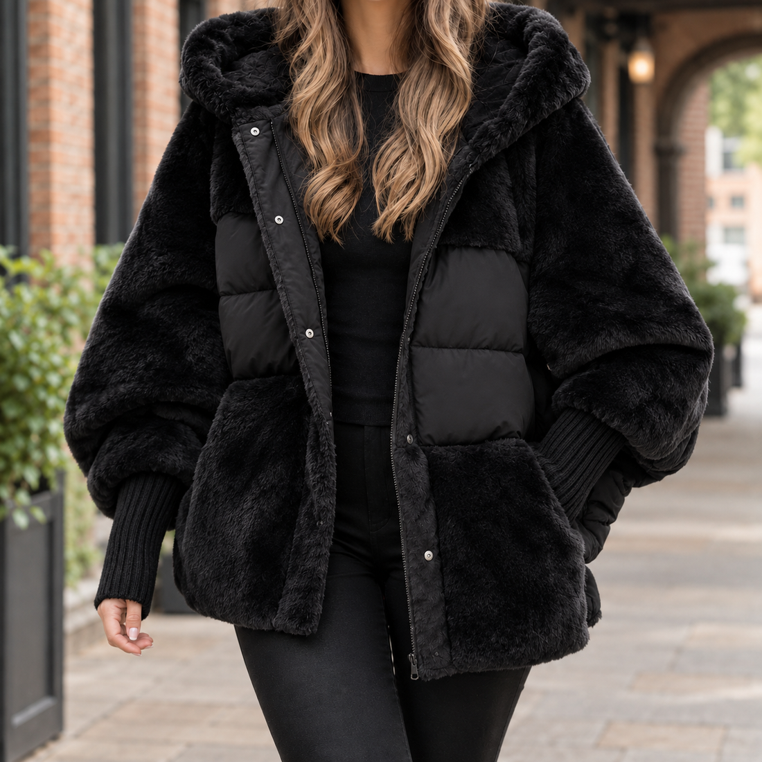 Lydia Plush Panel Jacket - Black