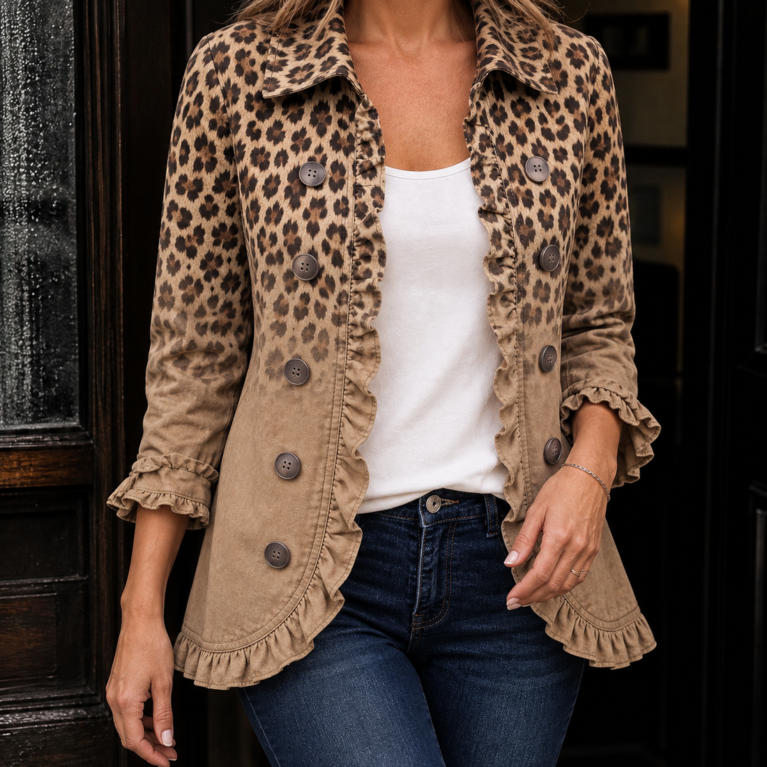 Philippa Ruffle Jacket - Brown Leopard Print