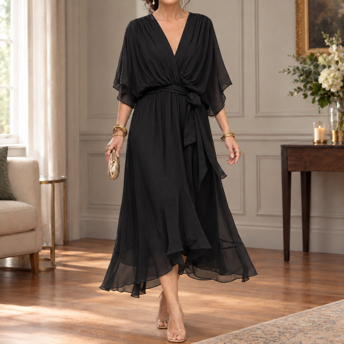 Cosima Handkerchief Midi Dress - Black