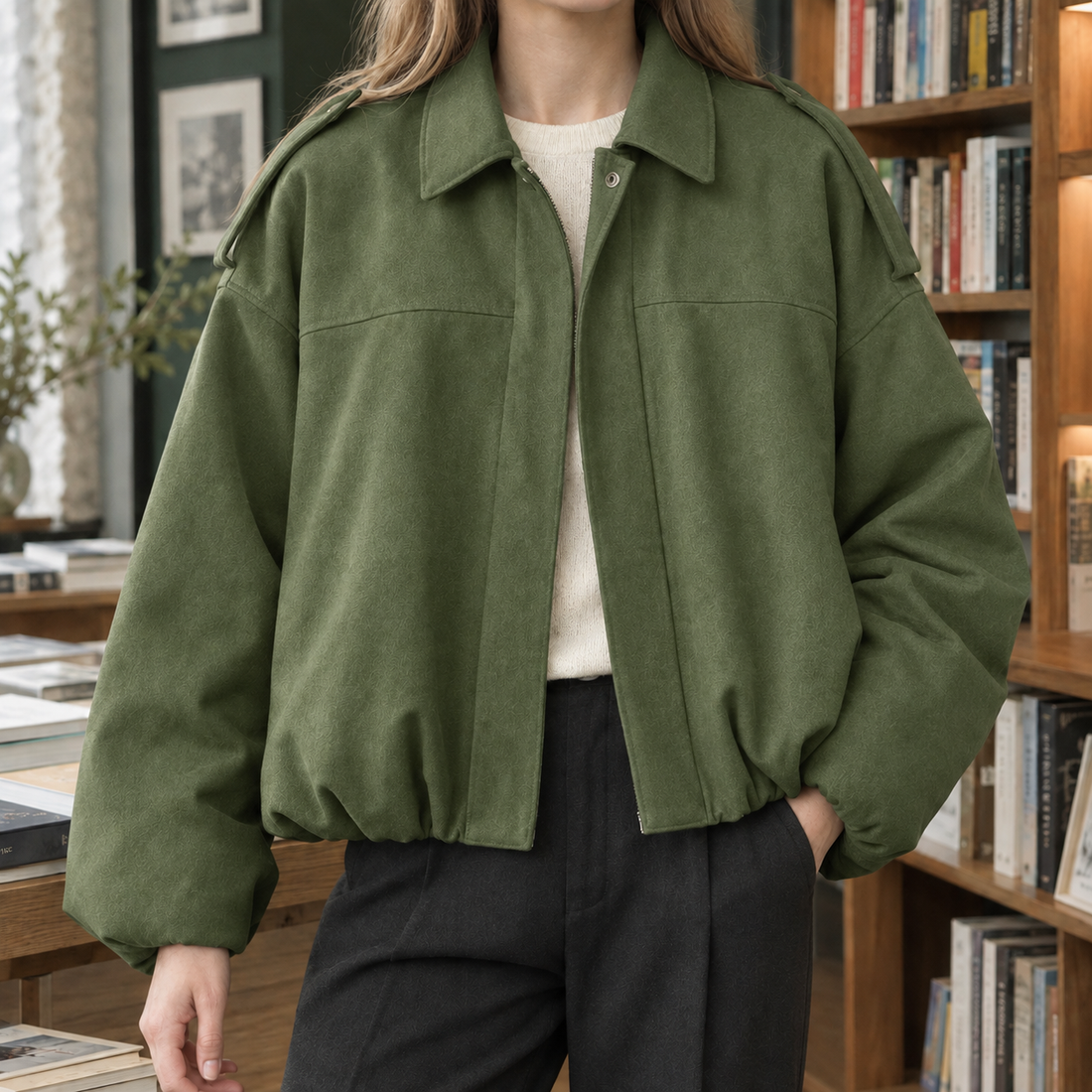 Brigitta Relaxed Bomber Jacket - Olive Green