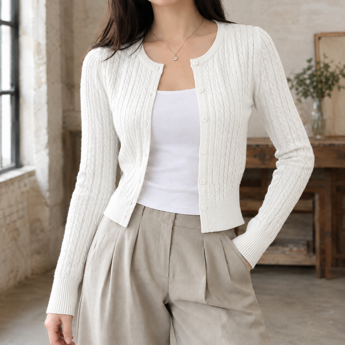 Eliza Cable Cardigan - White