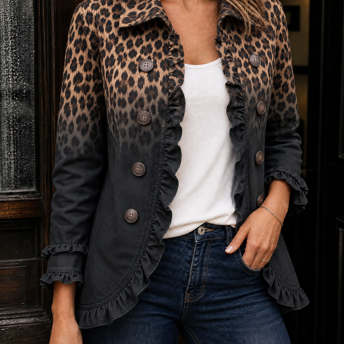 Philippa Ruffle Jacket - Black Leopard Print