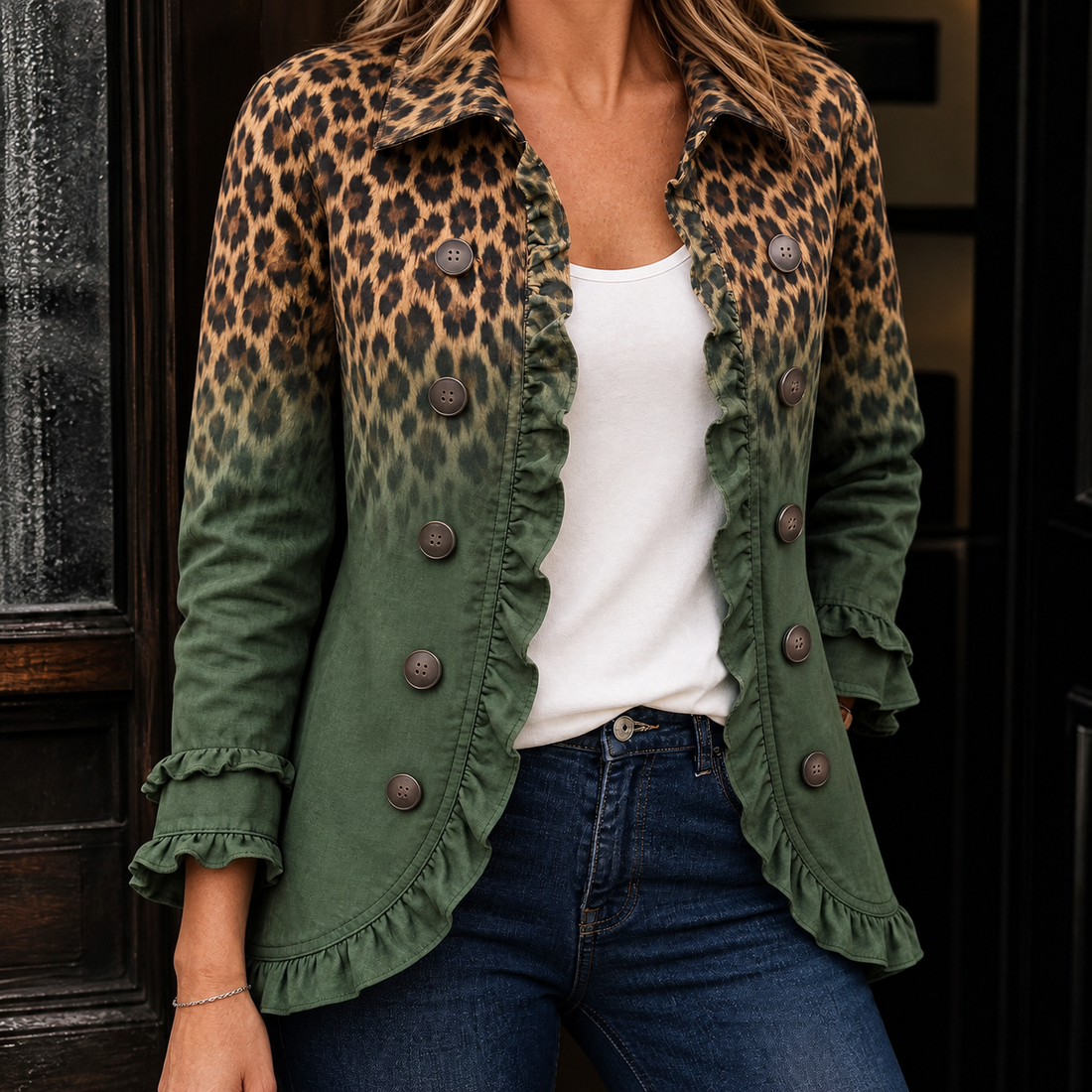 Philippa Ruffle Jacket - Army Green Leopard Print