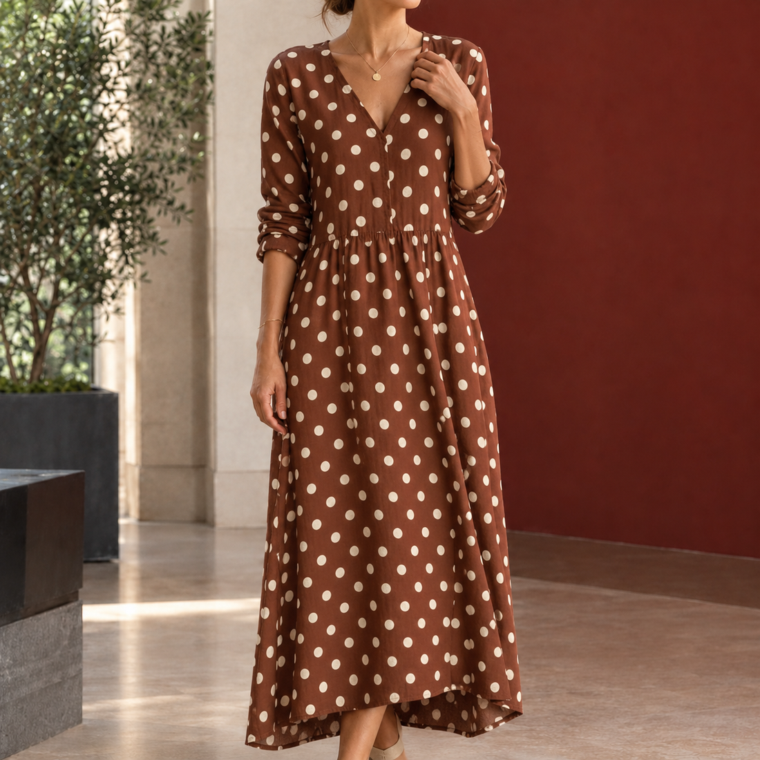 Lillian Relaxed Maxi Dress - Brown Polka Dot