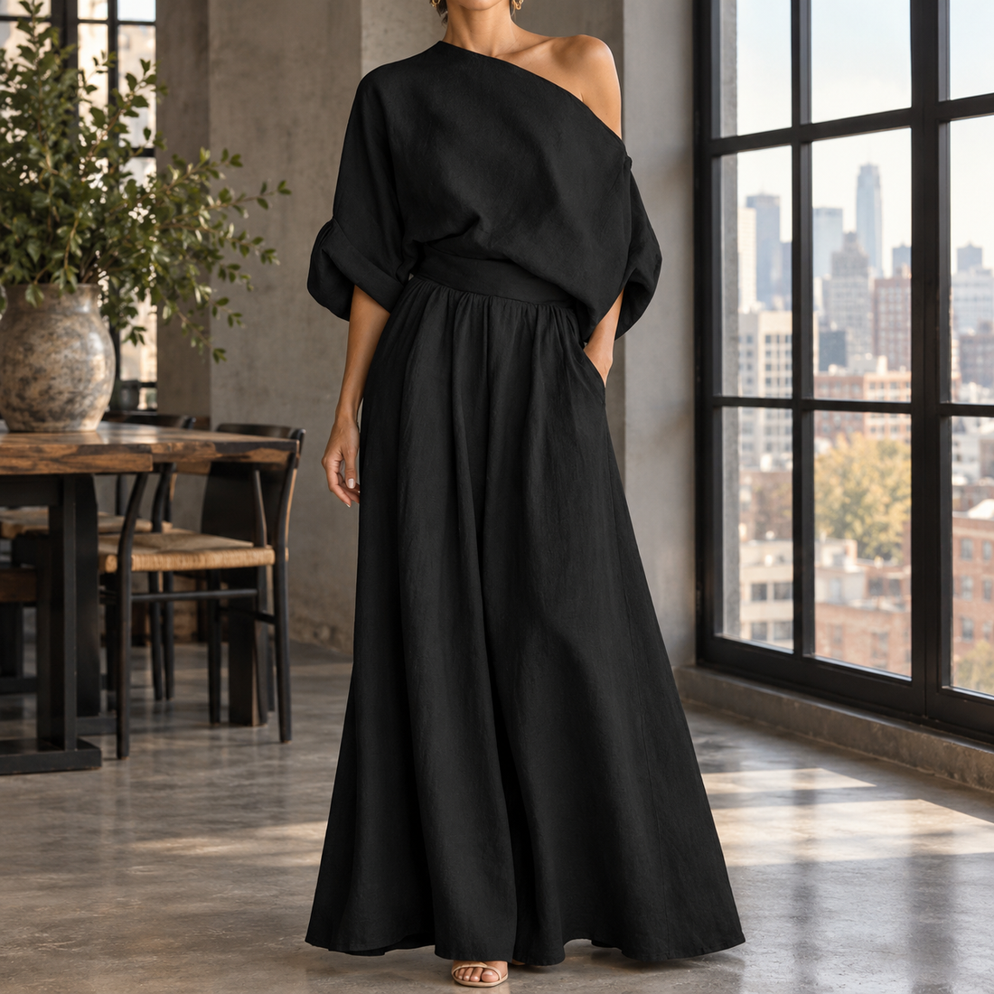 Clarisse Off-Shoulder Set - Black
