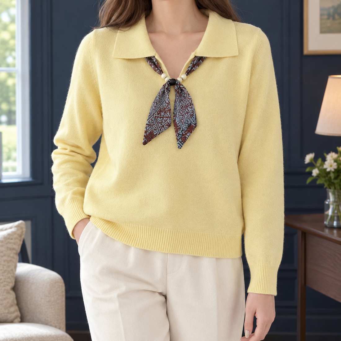 Wilton Scarf Collar Sweater - Yellow