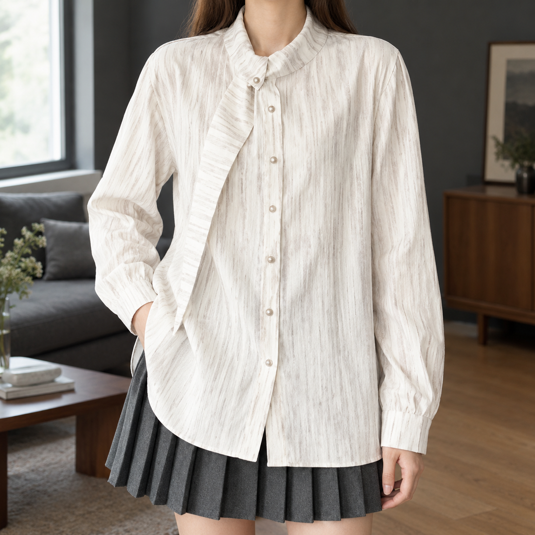 Ghislaine Ribbon Collar Shirt - Apricot Ribbon Collar