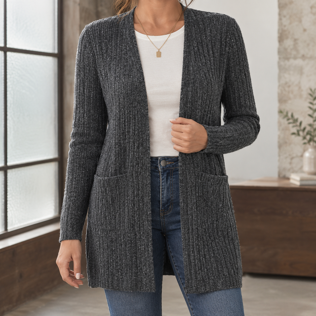 Aurelia Ribbed Cardigan - Dark Gray