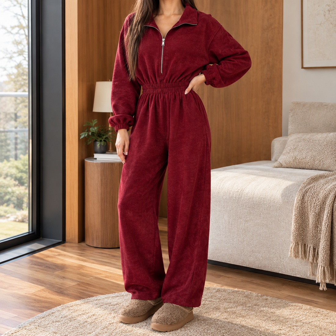 Demelza Half Zip Jumpsuit - Red