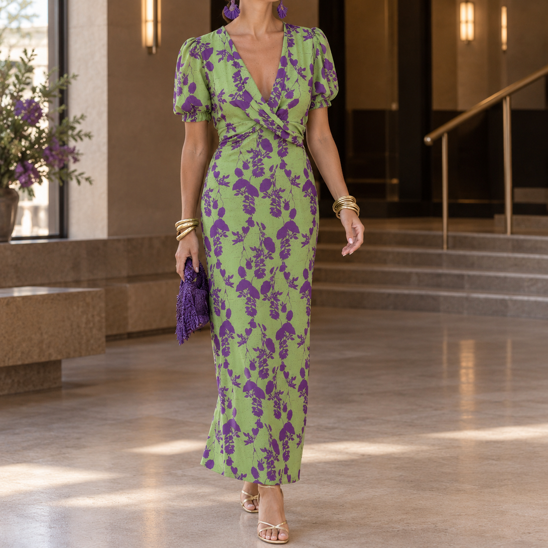 Soraya Twist Front Dress - Green Purple 2