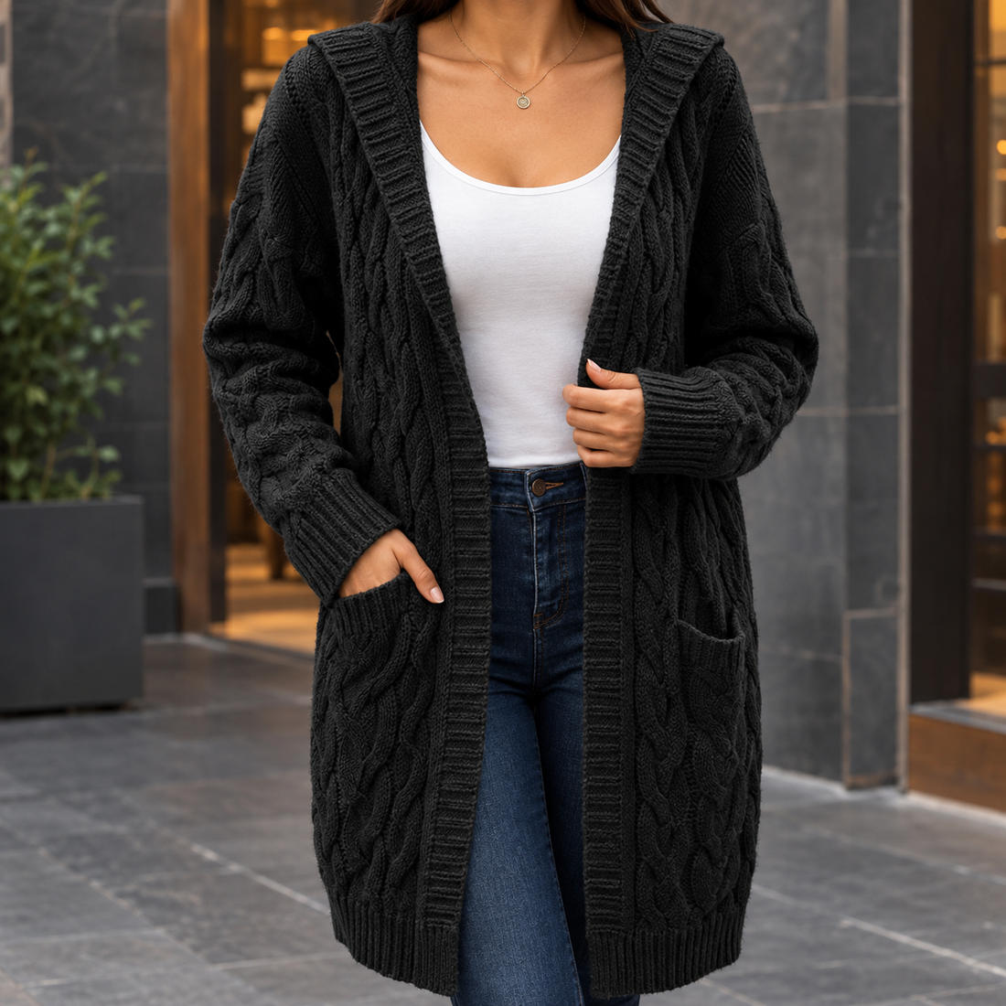 Modesty Cable Knit Cardigan - Black