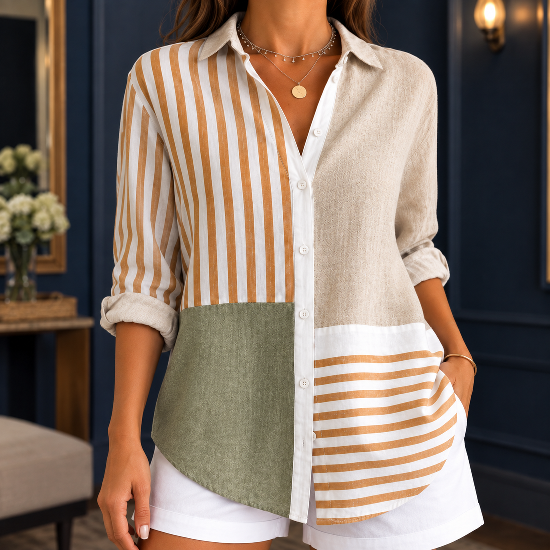 Mireille Patchwork Blouse - Lead Product Detail