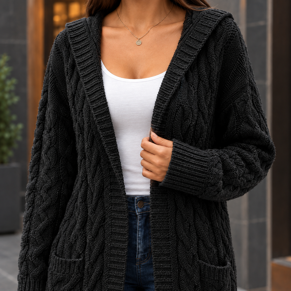 Modesty Cable Knit Cardigan - Lead Product Detail