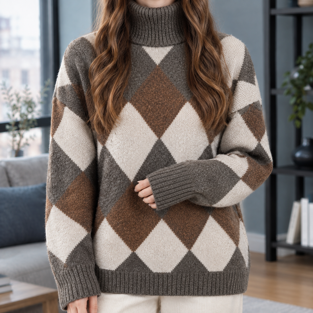 Violetta Argyle Turtleneck Sweater - Lead Product Detail
