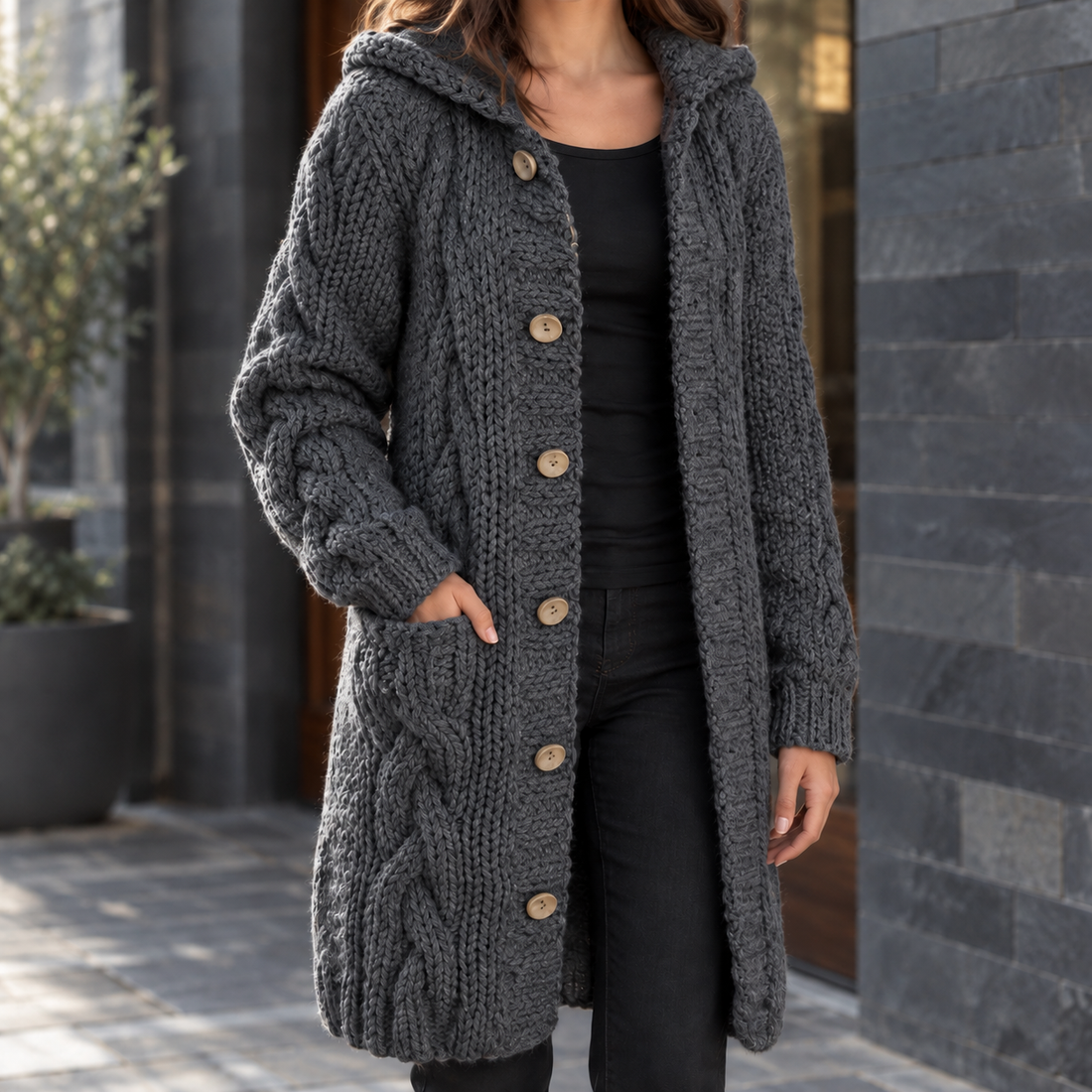 Valerie Cable Knit Cardigan - Dark Gray