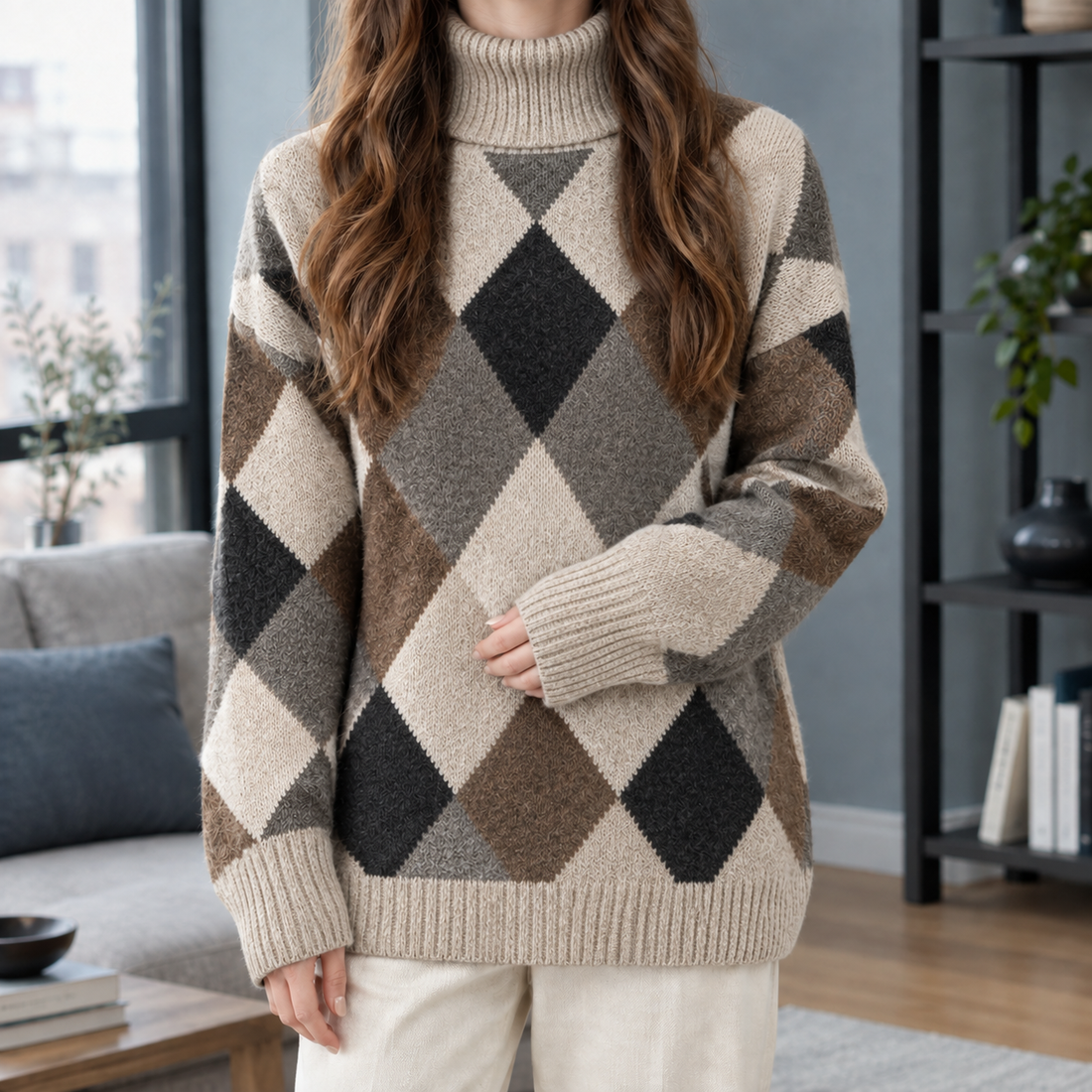 Violetta Argyle Turtleneck Sweater - Beige