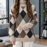 Violetta Argyle Turtleneck Sweater - Beige