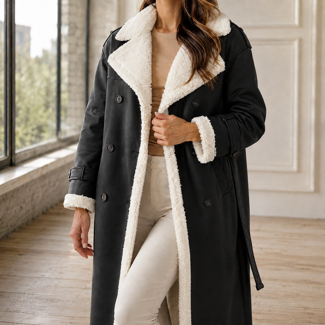 Thalia Shearling Trim Coat - Black