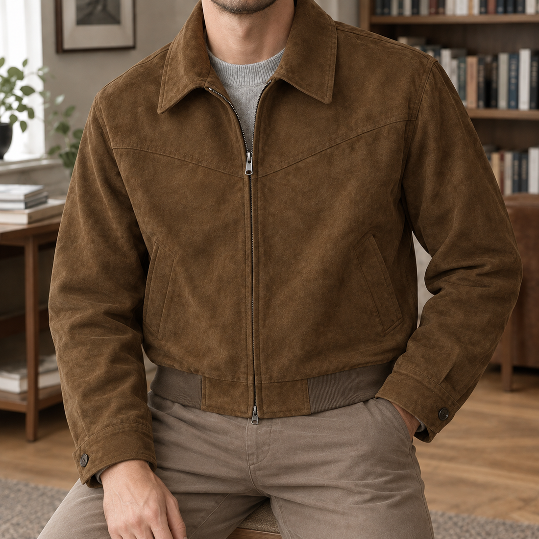 Malcolm Suede Bomber Jacket - Brown
