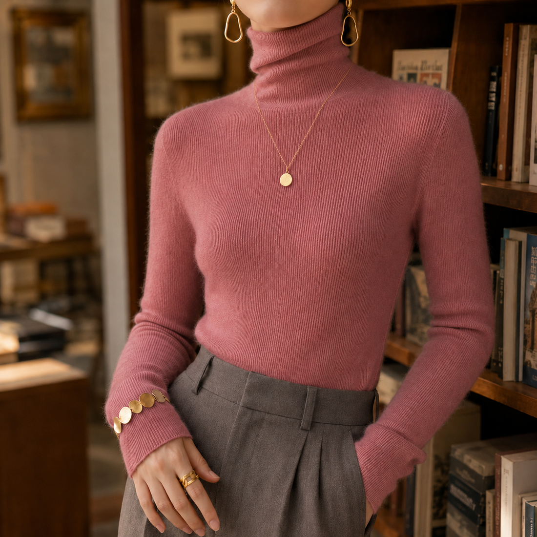 Gabriella Cashmere Turtleneck - Rosewood Blush