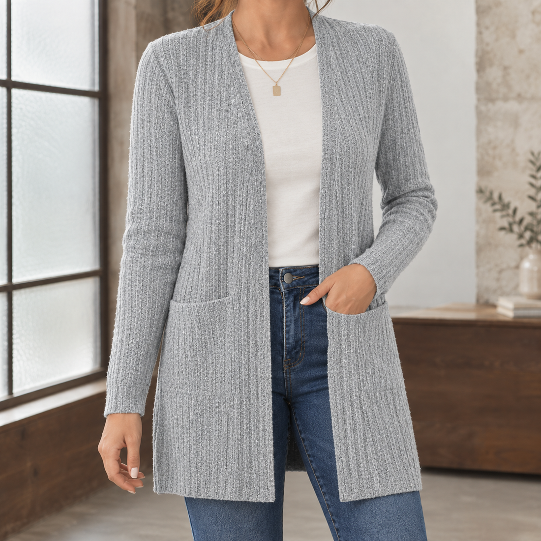 Aurelia Ribbed Cardigan - Light Gray