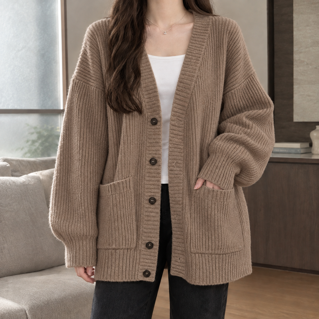 Keira Ribbed Cardigan - Khaki