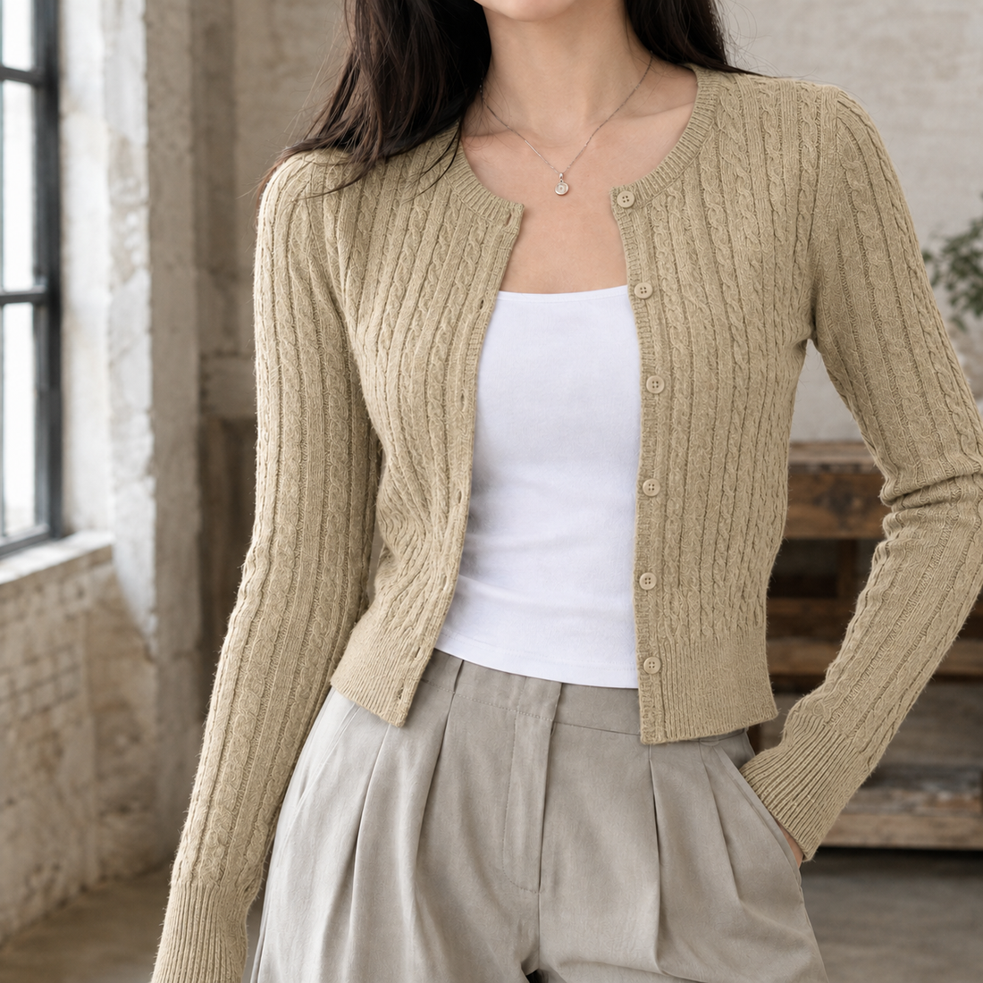 Eliza Cable Cardigan - Khaki