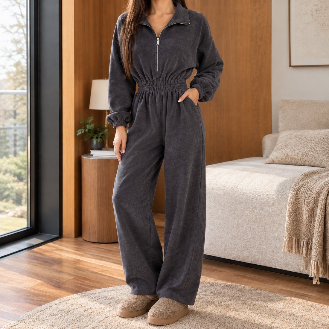 Demelza Half Zip Jumpsuit - Gray