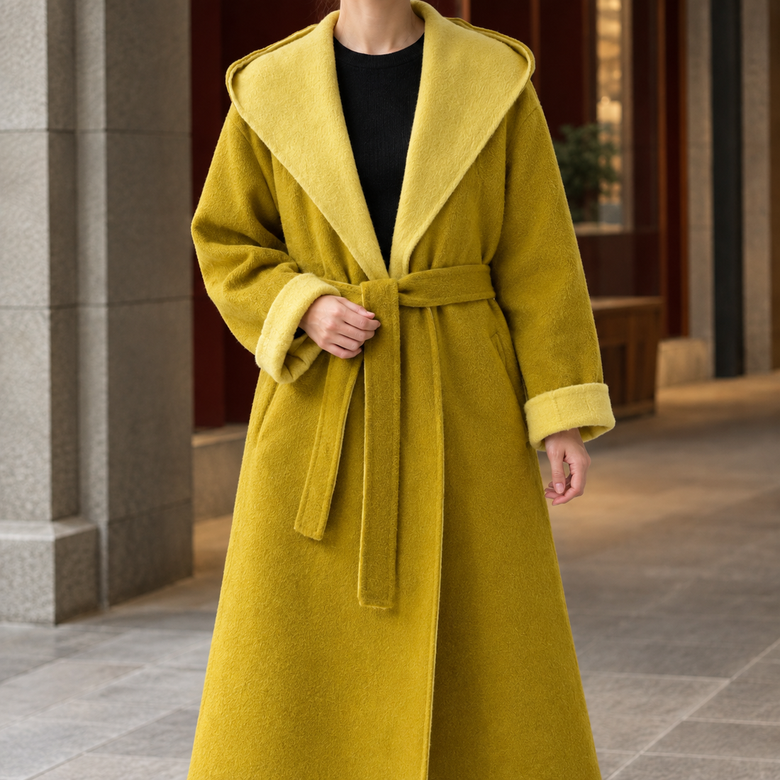 Cora Colorblock Wool Coat - Mustard