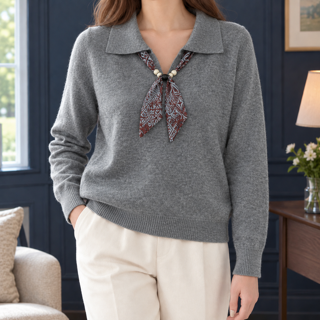 Wilton Scarf Collar Sweater - Gray