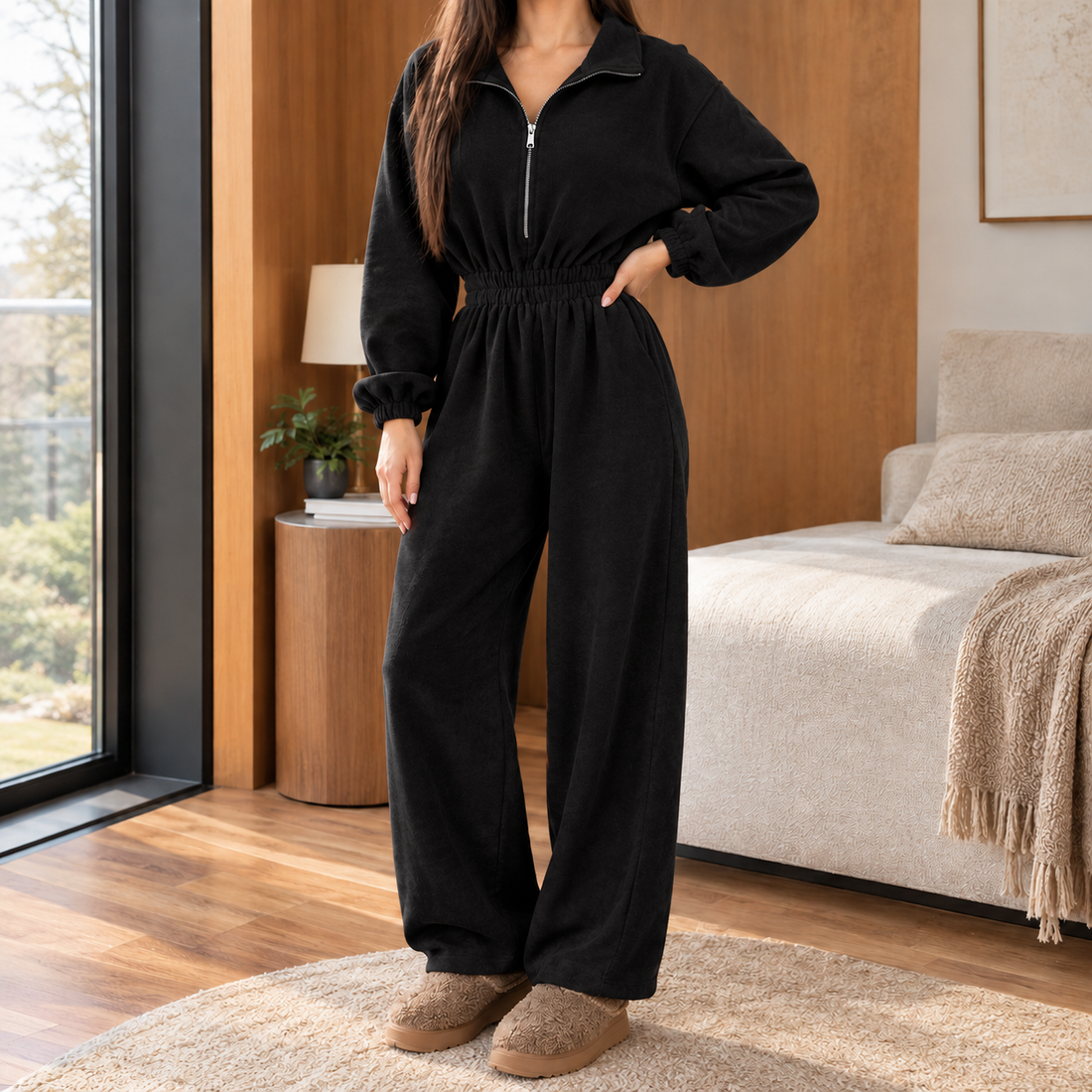 Demelza Half Zip Jumpsuit - Black