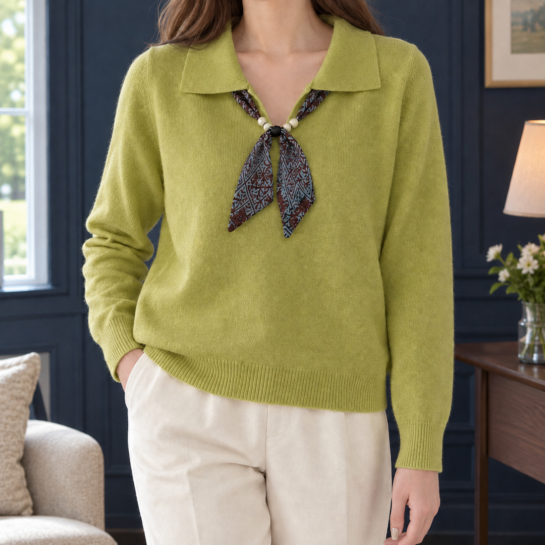 Wilton Scarf Collar Sweater - Matcha Green