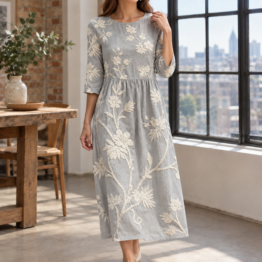 Rebekah Embroidered Midi Dress - Gray