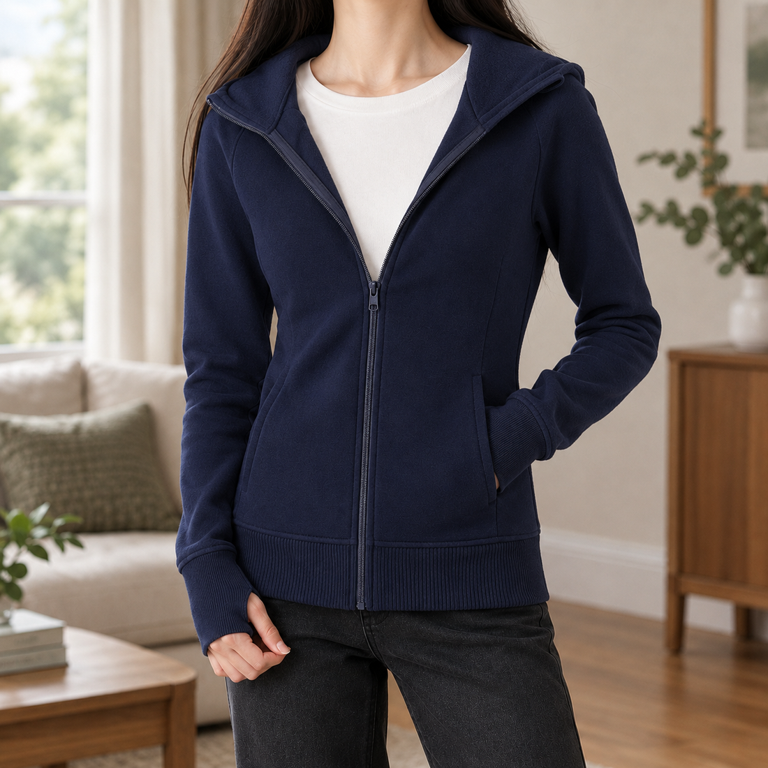 Benedetta Fitted Zip Hoodie - Navy Blue