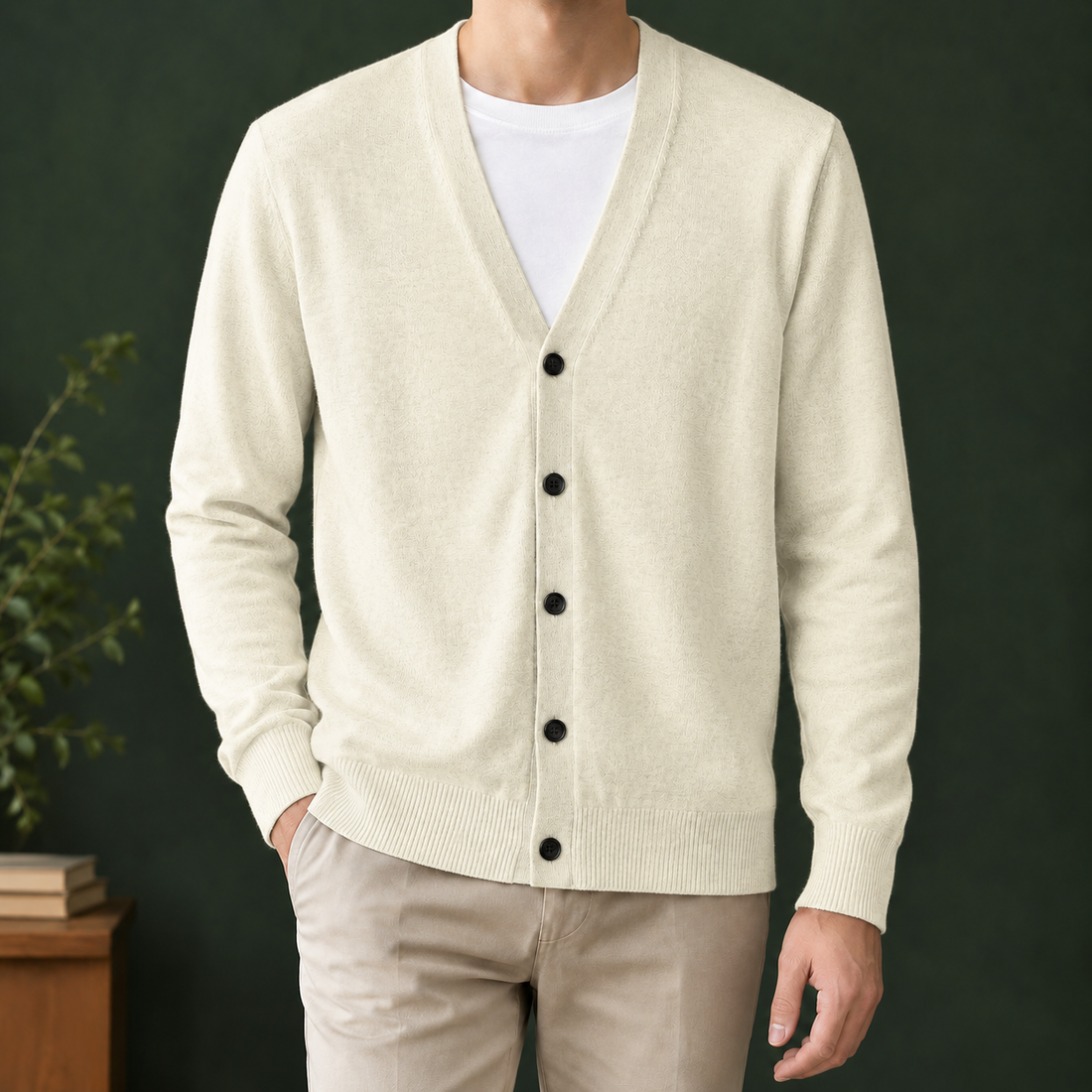Havelock V Neck Cardigan - Khaki